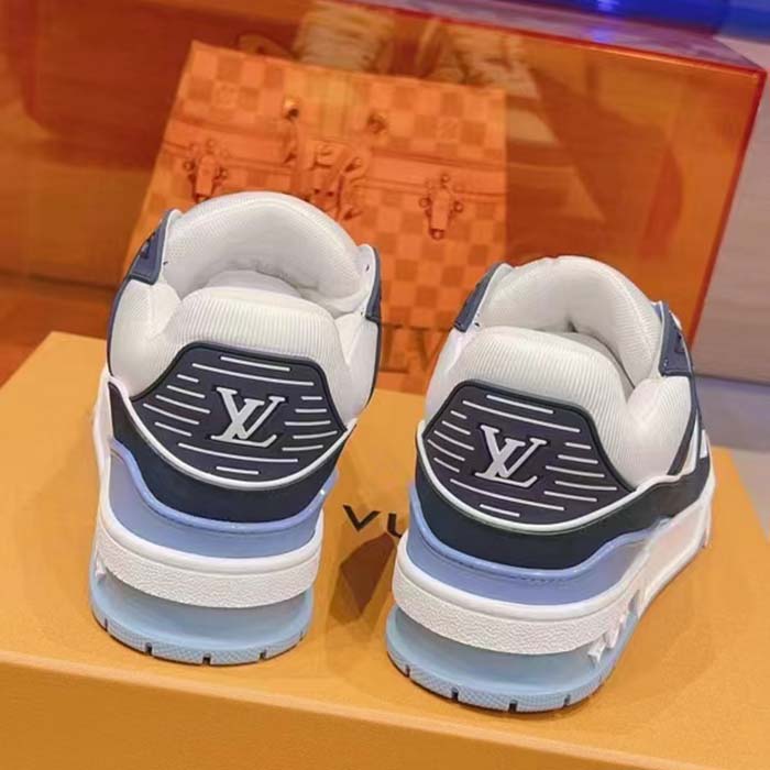 Louis Vuitton Unisex LV Trainer Sneaker Blue Nubuck Grained Calf Leather Rubber Initials (11)