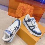 Louis Vuitton Unisex LV Trainer Sneaker Blue Nubuck Grained Calf Leather Rubber Initials - Image 5