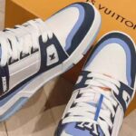 Louis Vuitton Unisex LV Trainer Sneaker Blue Nubuck Grained Calf Leather Rubber Initials - Image 7