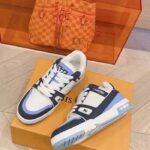 Louis Vuitton Unisex LV Trainer Sneaker Blue Nubuck Grained Calf Leather Rubber Initials - Image 3