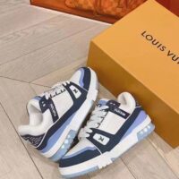 Louis Vuitton Unisex LV Trainer Sneaker Blue Nubuck Grained Calf Leather Rubber Initials (2)