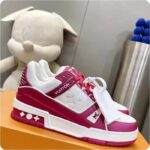 Louis Vuitton Unisex LV Trainer Sneaker Fuchsia Mix Materials Rubber Outsole Initials Monogram Flowers - Imagen 2