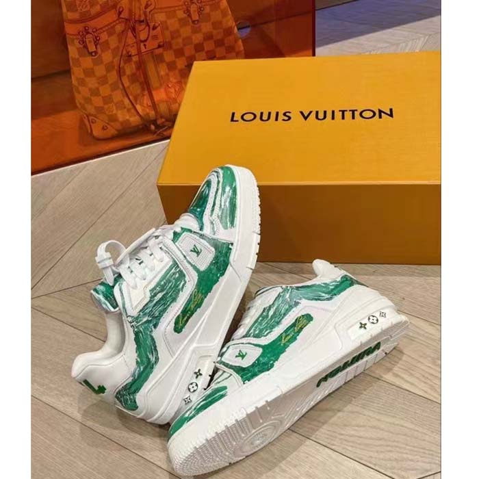 Louis Vuitton Unisex LV Trainer Sneaker Green Printed Calf Leather Rubber Outsole Initials (4)