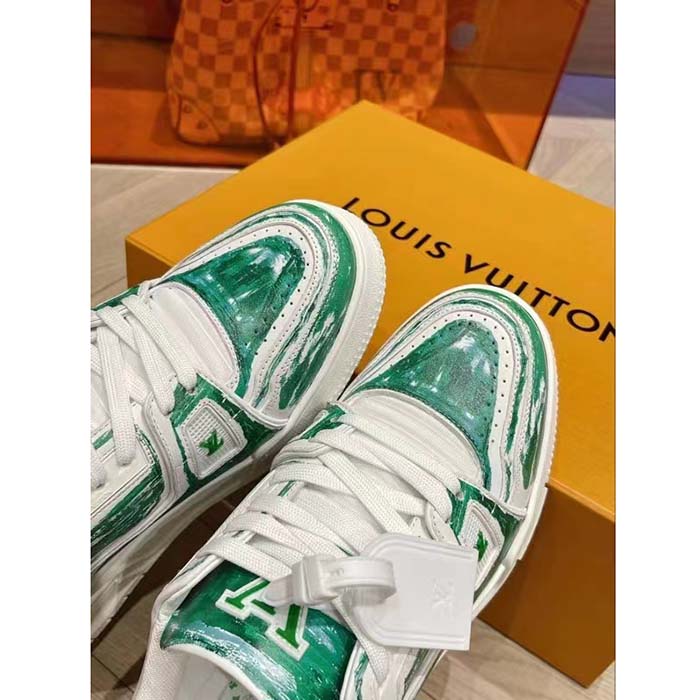 Louis Vuitton Unisex LV Trainer Sneaker Green Printed Calf Leather Rubber Outsole Initials (6)