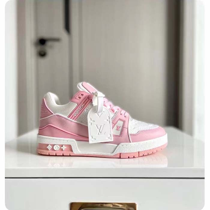 Louis Vuitton Unisex LV Trainer Sneaker Pink Mix Materials Rubber Initials Monogram Flowers (1)