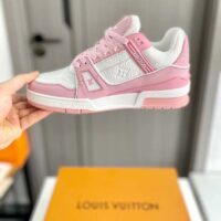 Louis Vuitton Unisex LV Trainer Sneaker Pink Mix Materials Rubber Initials Monogram Flowers (6)