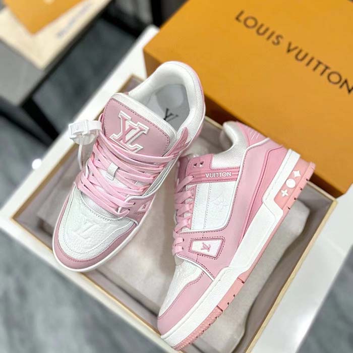 Louis Vuitton Unisex LV Trainer Sneaker Pink Mix Materials Rubber Initials Monogram Flowers (11)