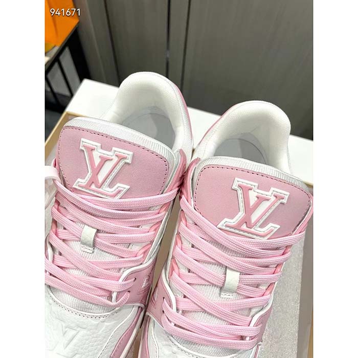 Louis Vuitton Unisex LV Trainer Sneaker Pink Mix Materials Rubber Initials Monogram Flowers (12)