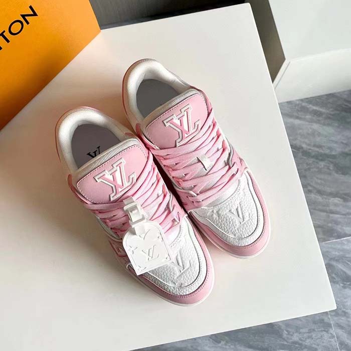Louis Vuitton Unisex LV Trainer Sneaker Pink Mix Materials Rubber Initials Monogram Flowers (7)