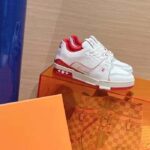 Louis Vuitton Unisex LV Trainer Sneaker Red Grained Calf Leather Rubber Initials - Imagen 2
