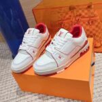 Louis Vuitton Unisex LV Trainer Sneaker Red Grained Calf Leather Rubber Initials - Imagen 5