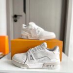 Louis Vuitton Unisex LV Trainer Sneaker White Grained Calf Leather Rubber Initials Monogram Flowers - Image 3