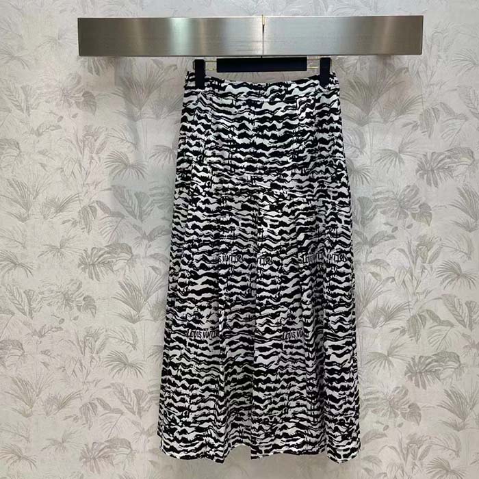 Louis Vuitton Women LV Ink Tiger Asymmetrical Pleat Midi Skirt Silk Black White Regular Fit (1)
