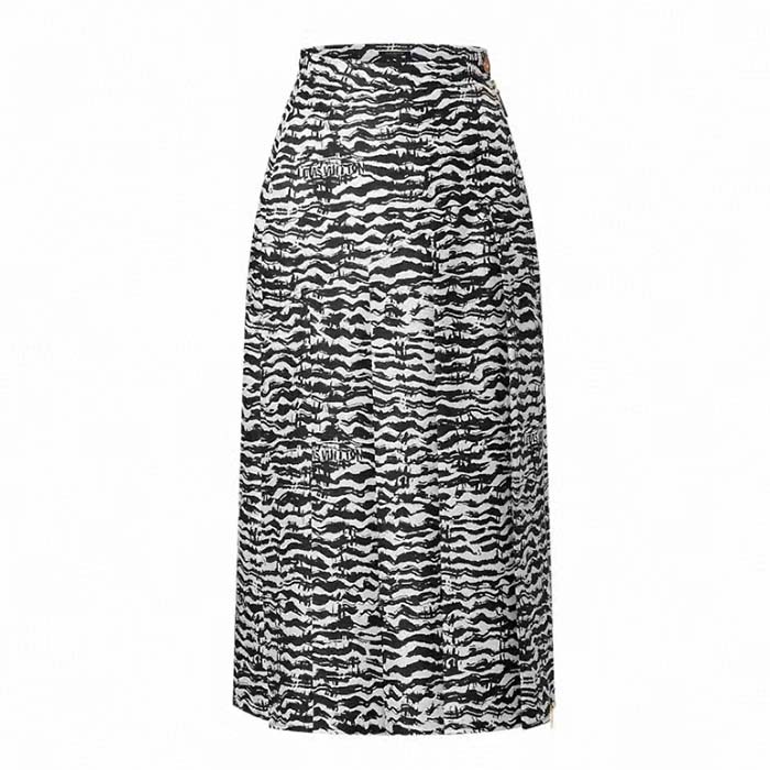 Louis Vuitton Women LV Ink Tiger Asymmetrical Pleat Midi Skirt Silk Black White Regular Fit