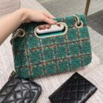 Chanel Women CC Large Flap Bag Top Handle Wool Silk Tweed Glass Wooden Pearls - Image 6