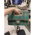 Chanel Women CC Large Flap Bag Top Handle Wool Silk Tweed Glass Wooden Pearls - Image 5