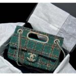 Chanel Women CC Large Flap Bag Top Handle Wool Silk Tweed Glass Wooden Pearls - Image 2