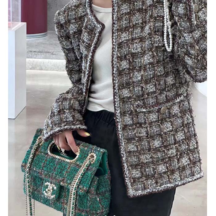 Chanel Women CC Large Flap Bag Top Handle Wool Silk Tweed Glass Wooden Pearls