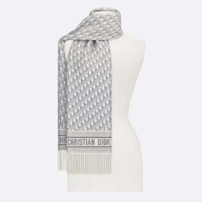 Dior Unisex CD Dior Oblique Scarf Gray Cashmere Double-Sided Fringed Ends