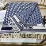 Dior Unisex CD Dior Oblique Scarf Navy Blue Cashmere Double-Sided Fringed Ends - Image 5