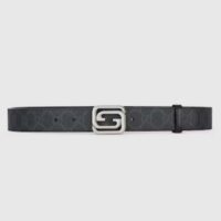 Gucci GG Unisex Belt Squared Interlocking G Buckle Black GG Supreme Canvas Black Leather 30 MM Width (3)