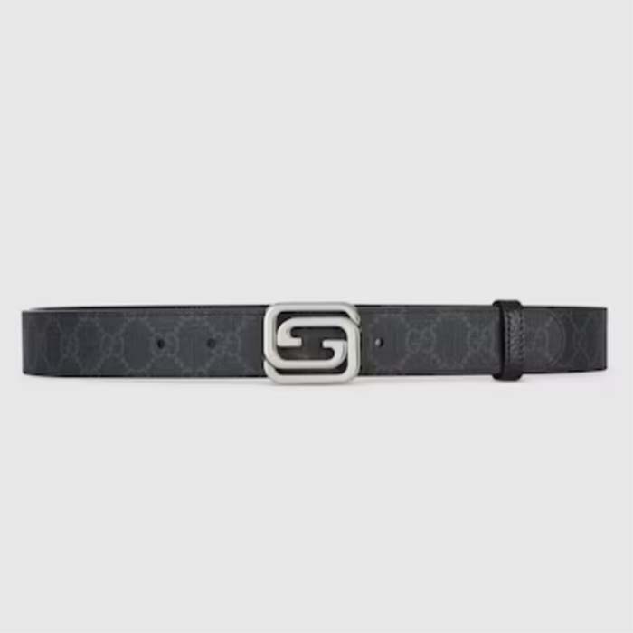 Gucci GG Unisex Belt Squared Interlocking G Buckle Black GG Supreme Canvas Black Leather 30 MM Width