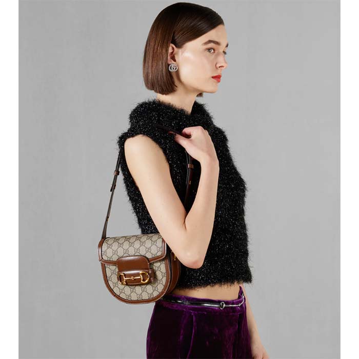Gucci GG Women Gucci Horsebit 1955 Mini Rounded Bag Beige Ebony GG Supreme Canvas