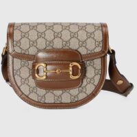 Gucci GG Women Gucci Horsebit 1955 Mini Rounded Bag Beige Ebony GG Supreme Canvas