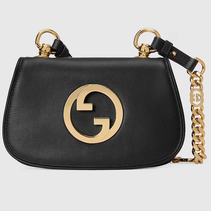 Gucci Women GG Blondie Mini Shoulder Bag Black Leather Round Interlocking G Chain