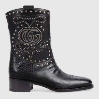 Gucci Women GG Boot Double G Embroidery Studs Black Leather Low 3.6 CM Heel (11)