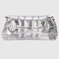 Gucci Women GG Horsebit Chain Small Shoulder Bag Silver Metallic Quilted Leather Maxi Horsebit (10)
