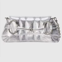 Gucci Women GG Horsebit Chain Small Shoulder Bag Silver Metallic Quilted Leather Maxi Horsebit