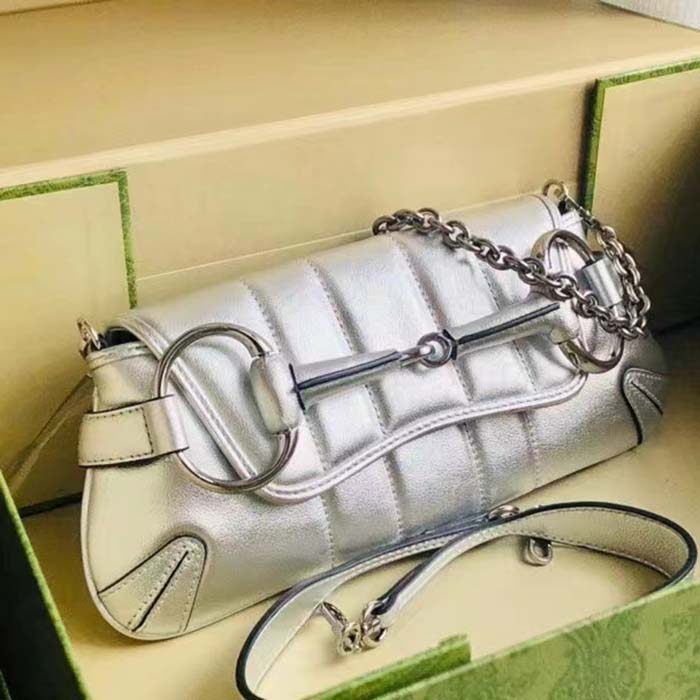 Gucci Women GG Horsebit Chain Small Shoulder Bag Silver Metallic Quilted Leather Maxi Horsebit (11)