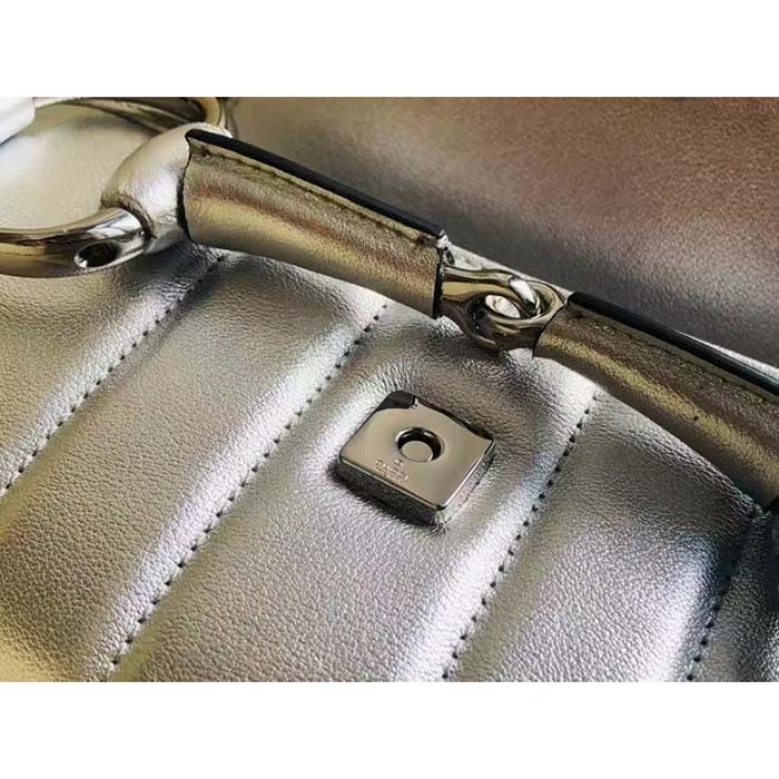 Gucci Women GG Horsebit Chain Small Shoulder Bag Silver Metallic Quilted Leather Maxi Horsebit (13)