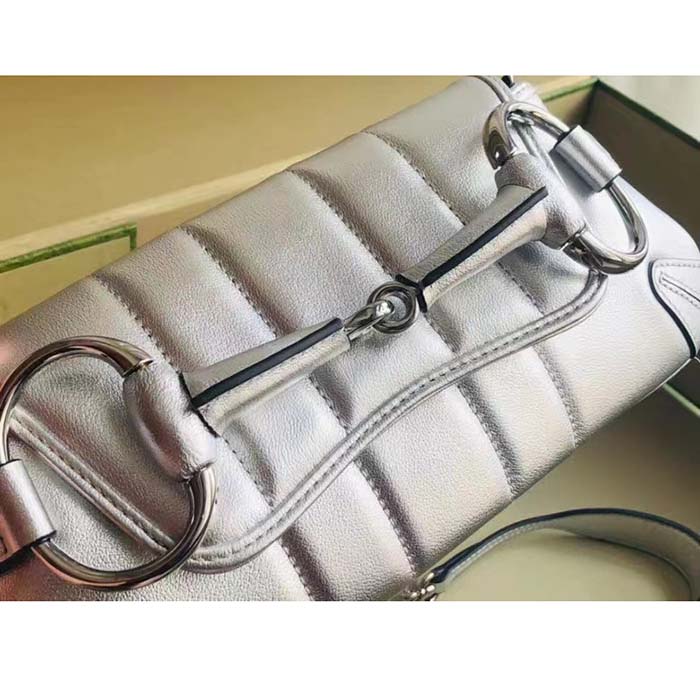 Gucci Women GG Horsebit Chain Small Shoulder Bag Silver Metallic Quilted Leather Maxi Horsebit (5)