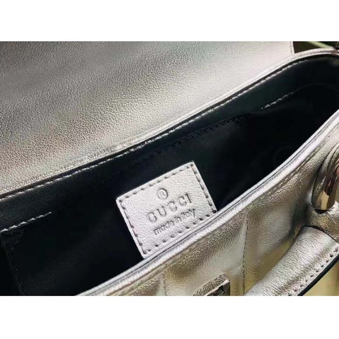 Gucci Women GG Horsebit Chain Small Shoulder Bag Silver Metallic Quilted Leather Maxi Horsebit (7)