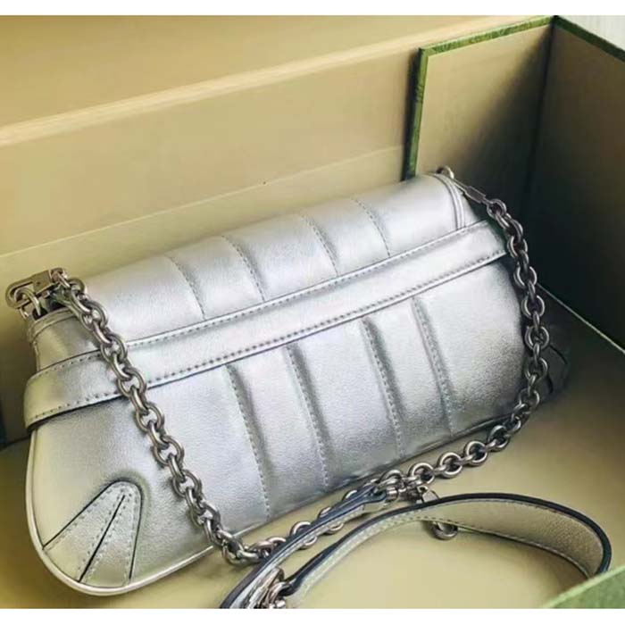 Gucci Women GG Horsebit Chain Small Shoulder Bag Silver Metallic Quilted Leather Maxi Horsebit (8)