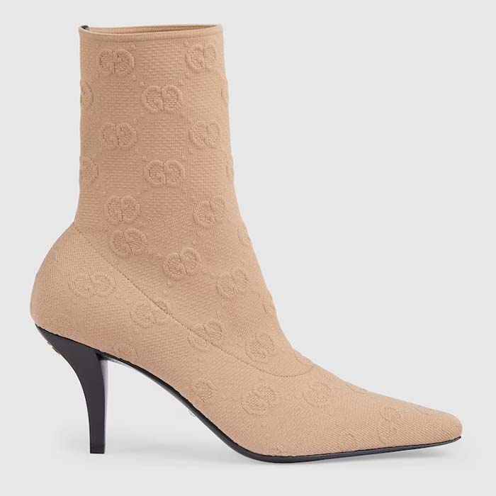 Gucci Women GG Knit Ankle Boots Beige GG Technical Knit Fabric Square Toe Leather Mid-Heel