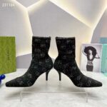 Gucci Women GG Knit Ankle Boots Black Grey Technical Knit Fabric Square Toe Leather Mid-Heel - Image 4