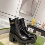Gucci Women GG Mid-Heel Boot Logo Black Shiny Leather Heel Loop Pull Lug Rubber - Image 3