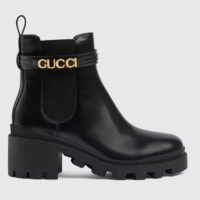 Gucci Women GG Mid-Heel Boot Logo Black Shiny Leather Heel Loop Pull Lug Rubber (3)