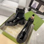 Gucci Women GG Mid-Heel Boot Logo Black Shiny Leather Heel Loop Pull Lug Rubber - Image 5