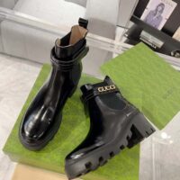 Gucci Women GG Mid-Heel Boot Logo Black Shiny Leather Heel Loop Pull Lug Rubber (3)