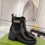 Gucci Women GG Mid-Heel Boot Logo Black Shiny Leather Heel Loop Pull Lug Rubber - Image 2
