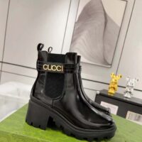 Gucci Women GG Mid-Heel Boot Logo Black Shiny Leather Heel Loop Pull Lug Rubber (3)