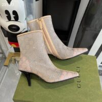 Gucci Women GG Mid-Heel Boot Rose Beige GG Crystal Mesh Leather Sole Pointed Toe (6)