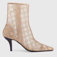 Gucci Women GG Mid-Heel Boot Rose Beige GG Crystal Mesh Leather Sole Pointed Toe (6)
