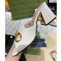 Gucci Women GG Slide Sandal Horsebit White Leather Metal Heel Leather Sole Mid-Heel (9)