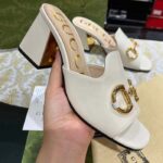 Gucci Women GG Slide Sandal Horsebit White Leather Metal Heel Leather Sole Mid-Heel - Image 3