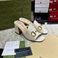 Gucci Women GG Slide Sandal Horsebit White Leather Metal Heel Leather Sole Mid-Heel (9)